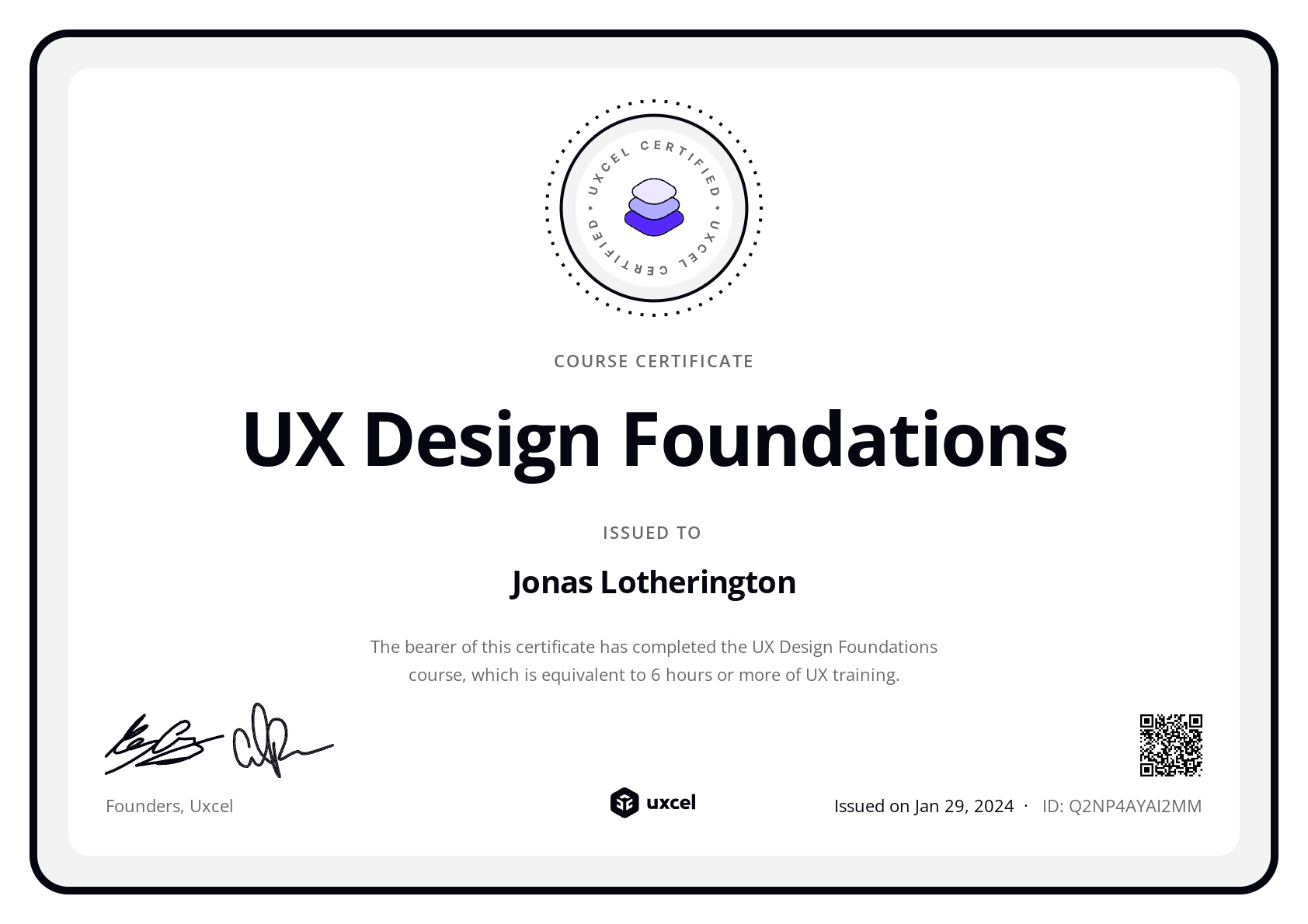 Jonas Lotherington's certificate